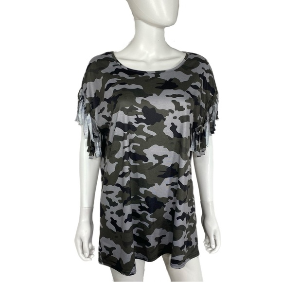 Women’s Camo Fringe Sleeve Boat Neck Tee - Picture 1 of 7